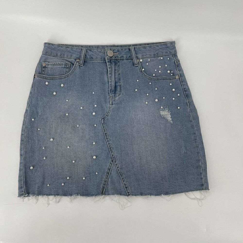 Blue Jean Denim Mini Skirt Pearl Beaded Distressed Raw Hem Juniors Size 9 CP